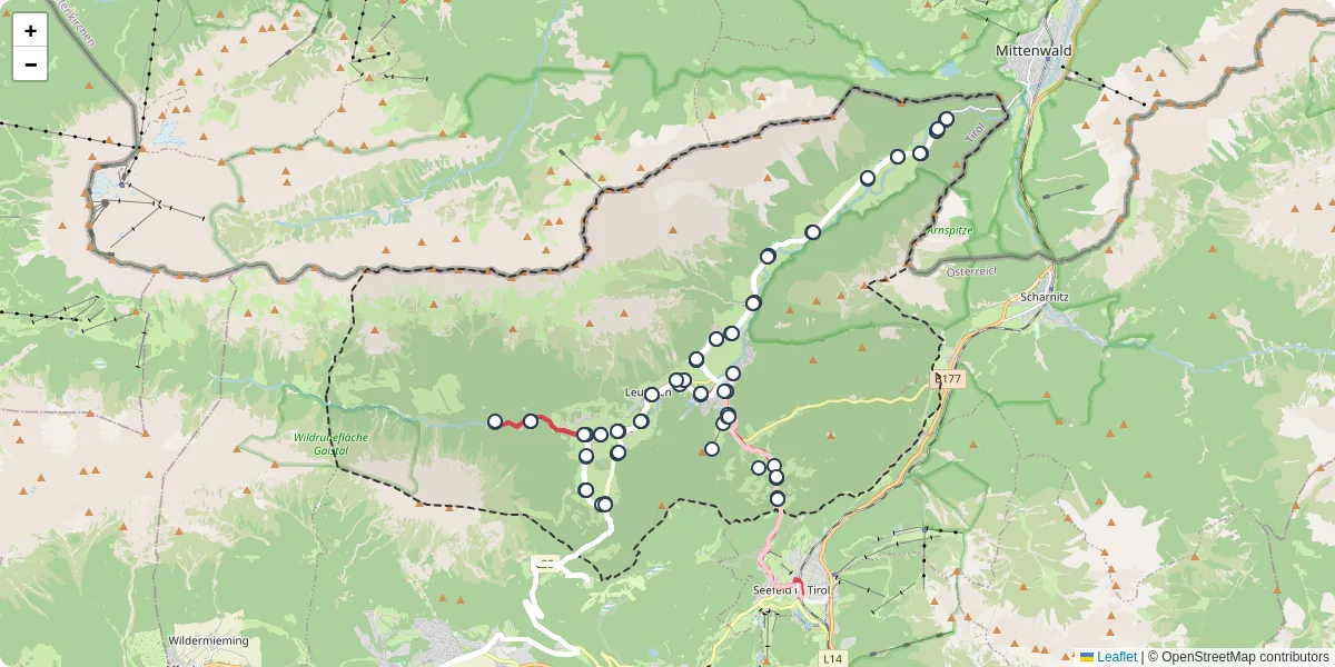 Nahverkehrsnetz in leutasch, Österreich - Buslinien, Haltestellen und Verbindungen auf der Karte