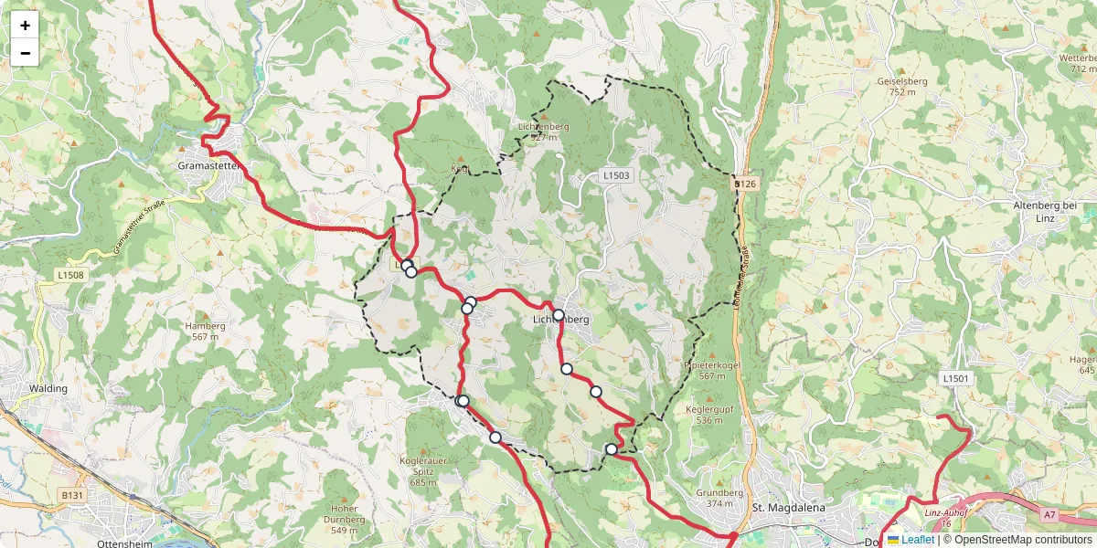Nahverkehrsnetz in lichtenberg, Österreich - Buslinien, Haltestellen und Verbindungen auf der Karte