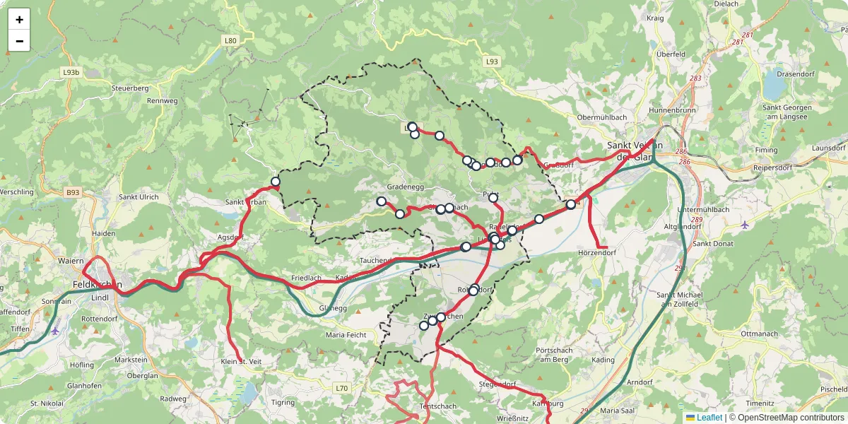 Nahverkehrsnetz in liebenfels, Österreich - Buslinien, Haltestellen und Verbindungen auf der Karte