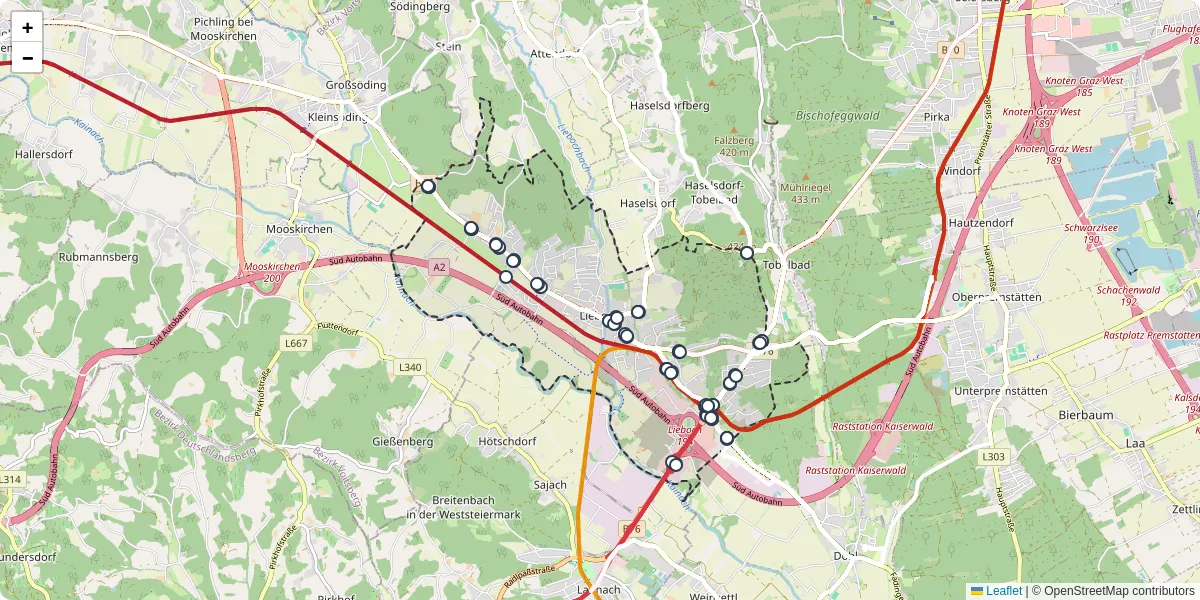 Nahverkehrsnetz in lieboch, Österreich - Buslinien, Haltestellen und Verbindungen auf der Karte