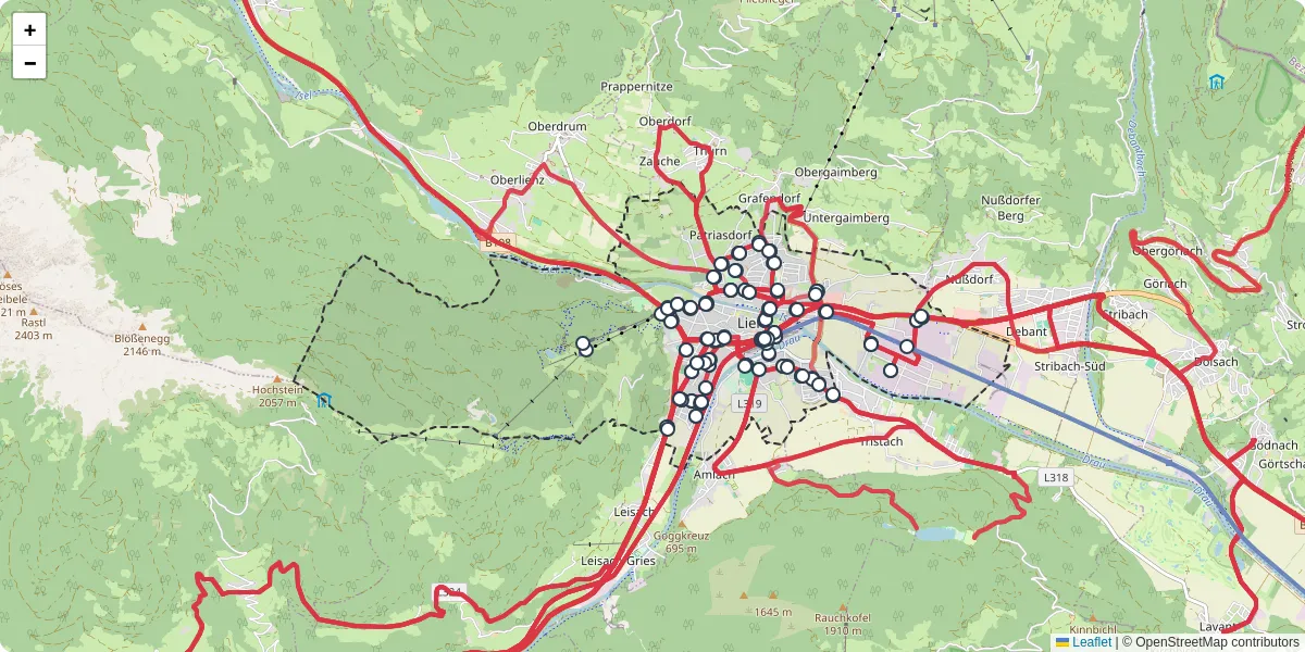 Nahverkehrsnetz in lienz, Österreich - Buslinien, Haltestellen und Verbindungen auf der Karte