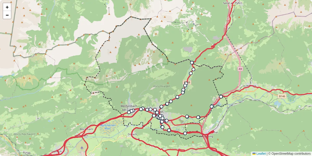 Nahverkehrsnetz in liezen, Österreich - Buslinien, Haltestellen und Verbindungen auf der Karte