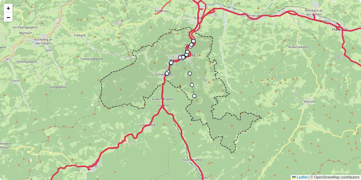 Nahverkehrsnetz in lilienfeld, Österreich - Buslinien, Haltestellen und Verbindungen auf der Karte