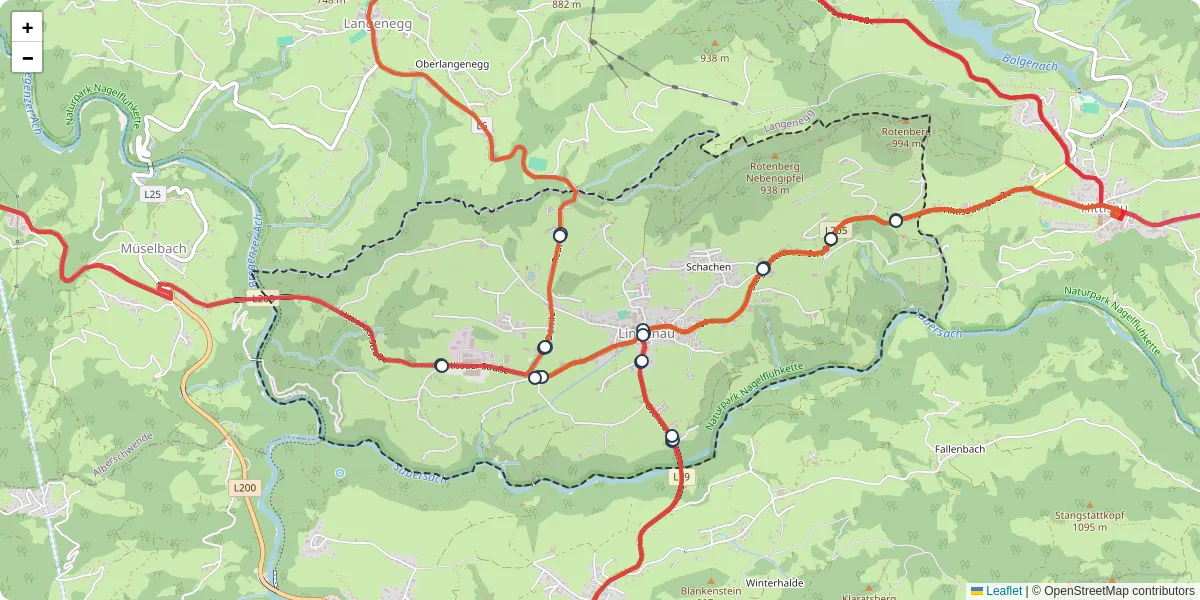 Nahverkehrsnetz in lingenau, Österreich - Buslinien, Haltestellen und Verbindungen auf der Karte