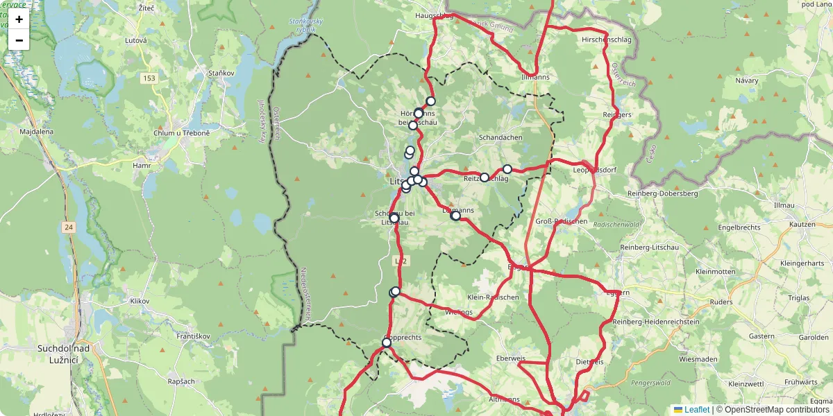 Nahverkehrsnetz in litschau, Österreich - Buslinien, Haltestellen und Verbindungen auf der Karte