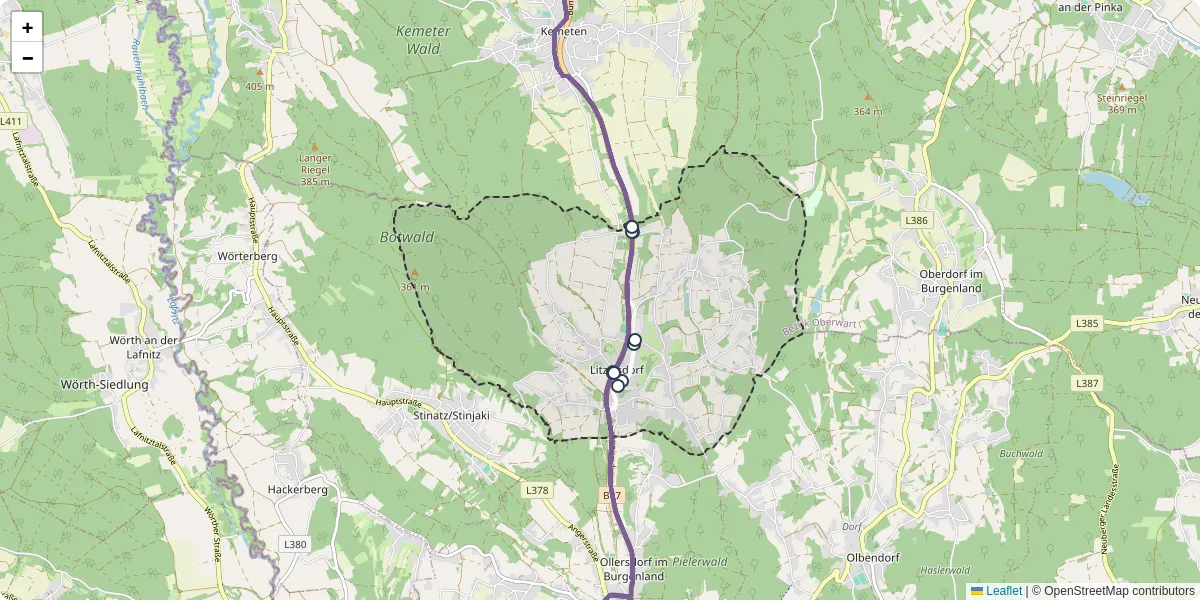 Nahverkehrsnetz in litzelsdorf, Österreich - Buslinien, Haltestellen und Verbindungen auf der Karte
