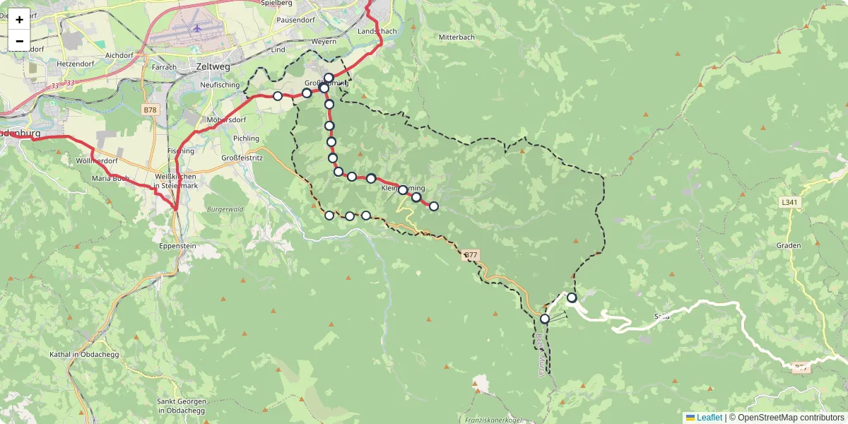Nahverkehrsnetz in lobmingtal, Österreich - Buslinien, Haltestellen und Verbindungen auf der Karte