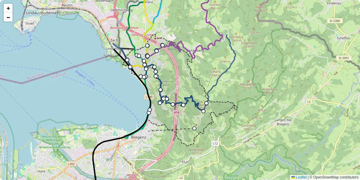 Nahverkehrsnetz in lochau, Österreich - Buslinien, Haltestellen und Verbindungen auf der Karte