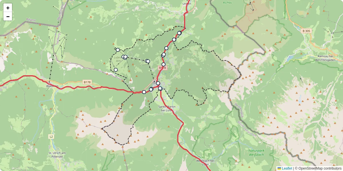 Nahverkehrsnetz in lofer, Österreich - Buslinien, Haltestellen und Verbindungen auf der Karte