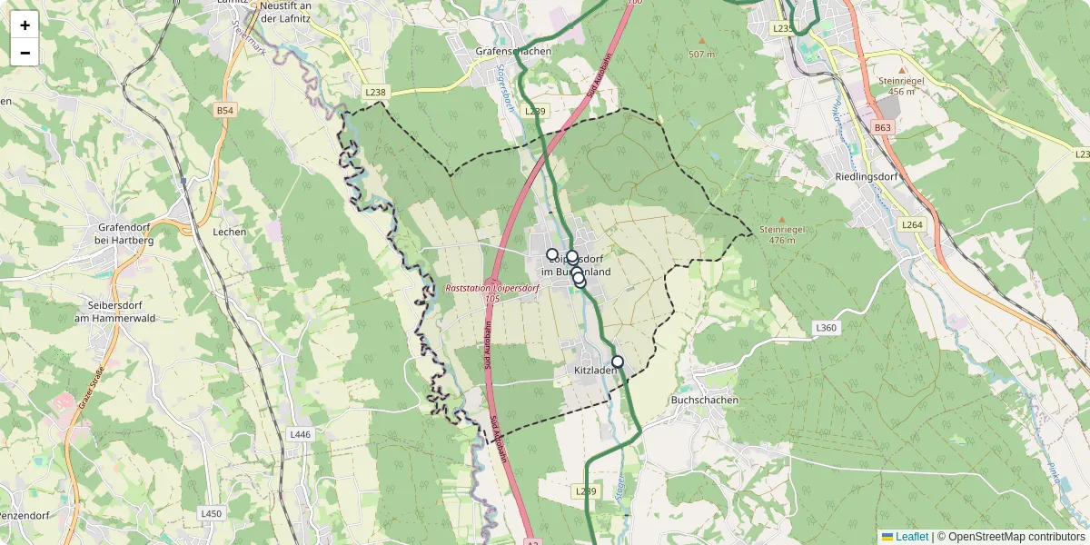 Nahverkehrsnetz in loipersdorf-kitzladen, Österreich - Buslinien, Haltestellen und Verbindungen auf der Karte