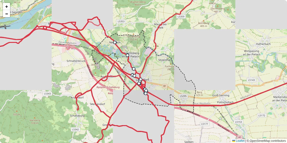 Nahverkehrsnetz in loosdorf, Österreich - Buslinien, Haltestellen und Verbindungen auf der Karte