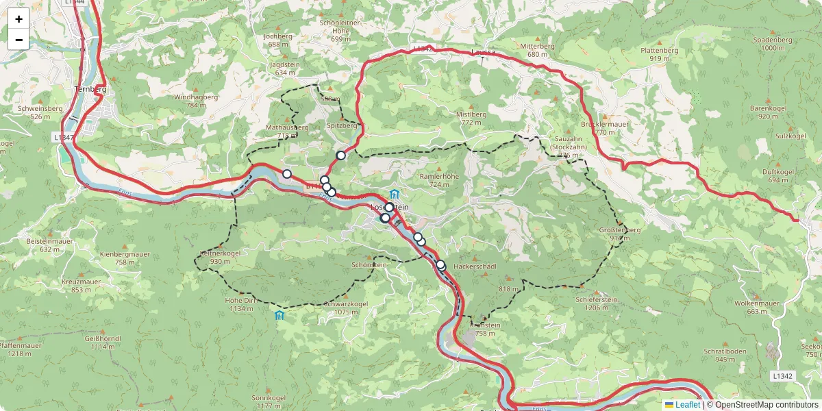 Nahverkehrsnetz in losenstein, Österreich - Buslinien, Haltestellen und Verbindungen auf der Karte