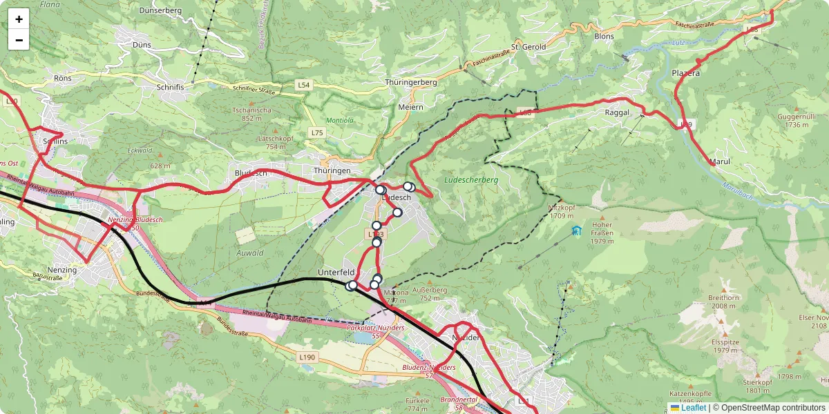 Nahverkehrsnetz in ludesch, Österreich - Buslinien, Haltestellen und Verbindungen auf der Karte