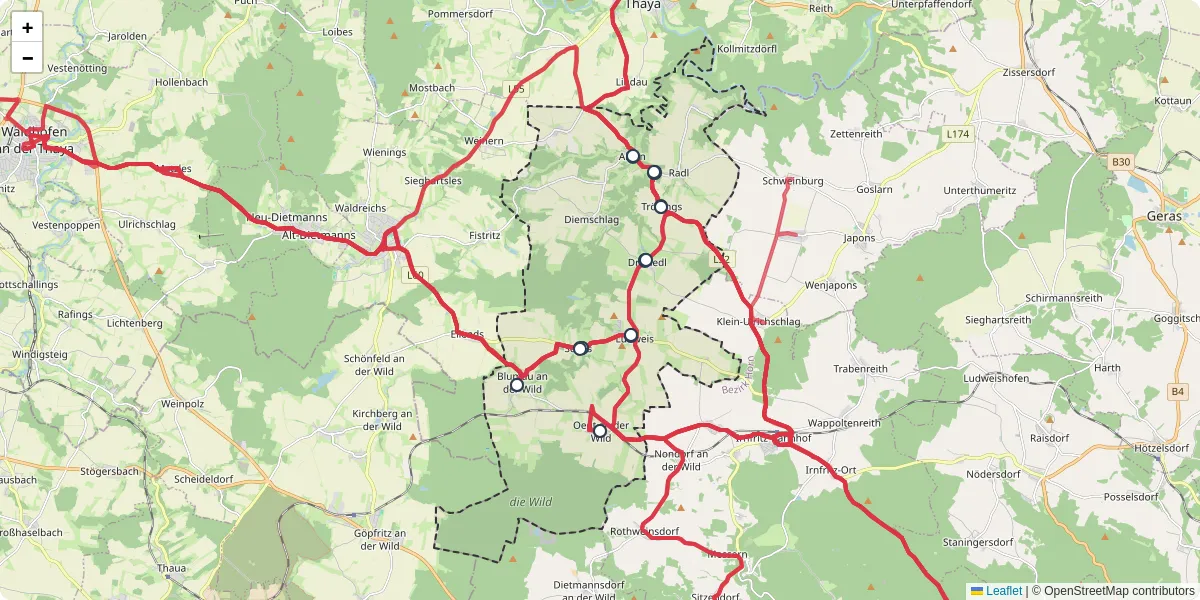 Nahverkehrsnetz in ludweis-aigen, Österreich - Buslinien, Haltestellen und Verbindungen auf der Karte