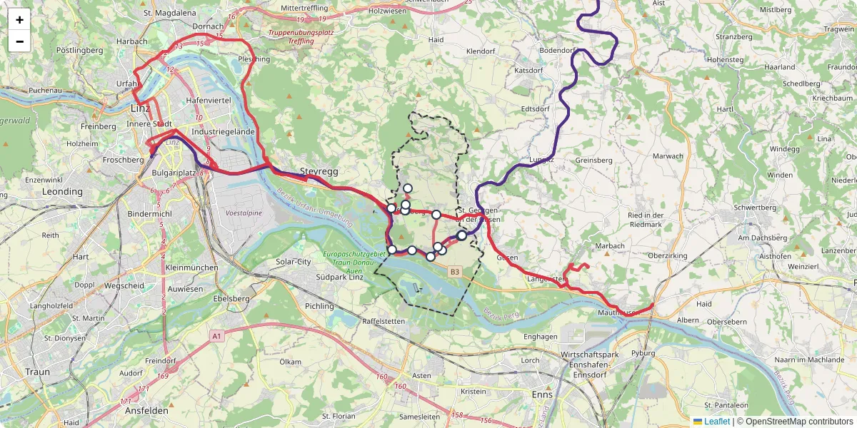 Nahverkehrsnetz in luftenberg-an-der-donau, Österreich - Buslinien, Haltestellen und Verbindungen auf der Karte