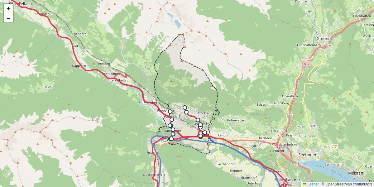 Nahverkehrsnetz in lurnfeld, Österreich - Buslinien, Haltestellen und Verbindungen auf der Karte
