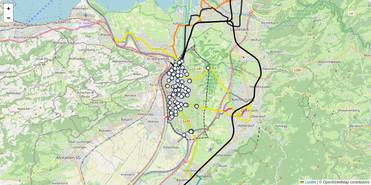 Nahverkehrsnetz in lustenau, Österreich - Buslinien, Haltestellen und Verbindungen auf der Karte