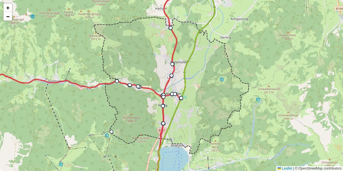 Nahverkehrsnetz in maishofen, Österreich - Buslinien, Haltestellen und Verbindungen auf der Karte