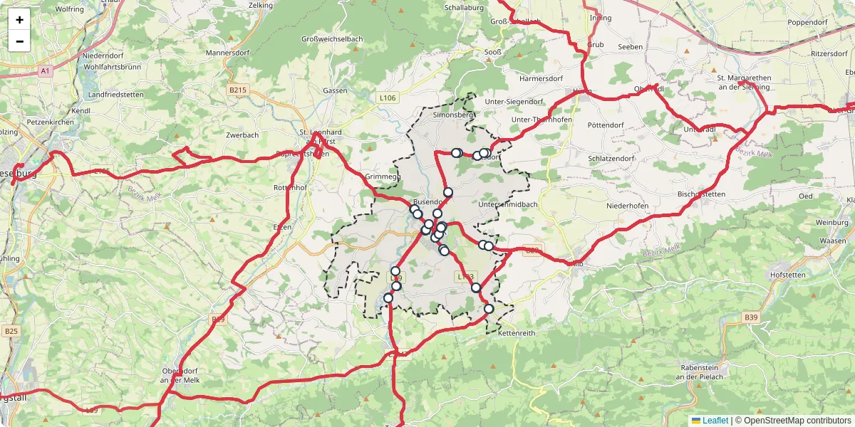 Nahverkehrsnetz in mank, Österreich - Buslinien, Haltestellen und Verbindungen auf der Karte