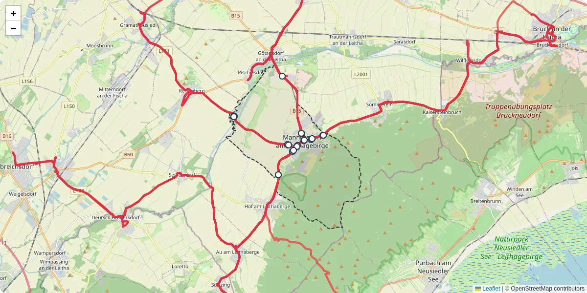 Nahverkehrsnetz in mannersdorf-am-leithagebirge, Österreich - Buslinien, Haltestellen und Verbindungen auf der Karte