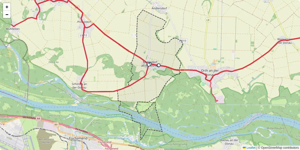 Nahverkehrsnetz in mannsdorf-an-der-donau, Österreich - Buslinien, Haltestellen und Verbindungen auf der Karte