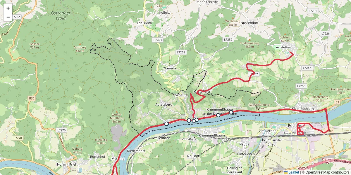 Nahverkehrsnetz in marbach-an-der-donau, Österreich - Buslinien, Haltestellen und Verbindungen auf der Karte