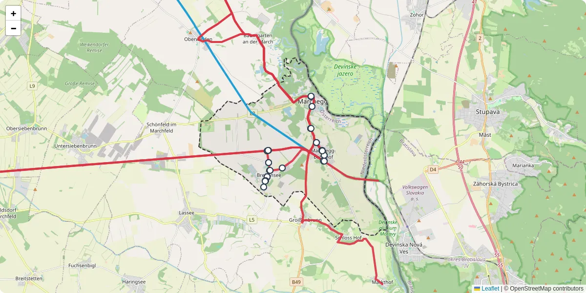 Nahverkehrsnetz in marchegg, Österreich - Buslinien, Haltestellen und Verbindungen auf der Karte