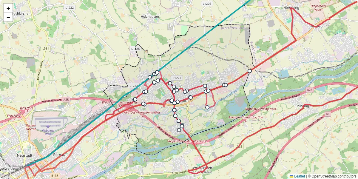 Nahverkehrsnetz in marchtrenk, Österreich - Buslinien, Haltestellen und Verbindungen auf der Karte