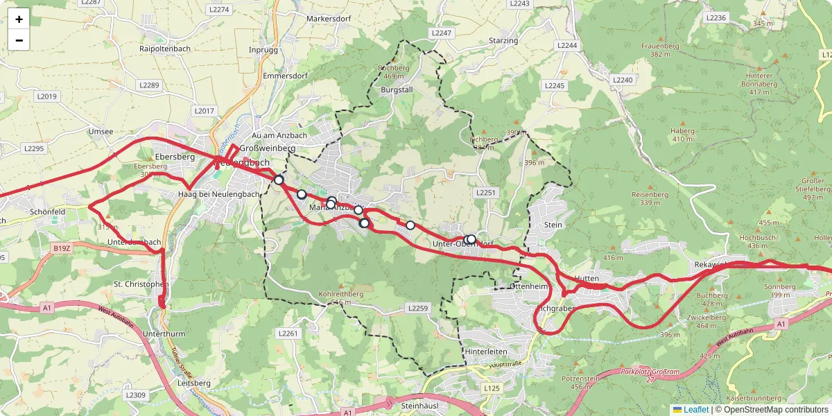 Nahverkehrsnetz in maria-anzbach, Österreich - Buslinien, Haltestellen und Verbindungen auf der Karte