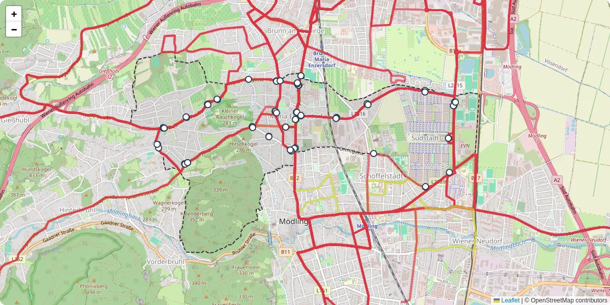 Nahverkehrsnetz in maria-enzersdorf, Österreich - Buslinien, Haltestellen und Verbindungen auf der Karte