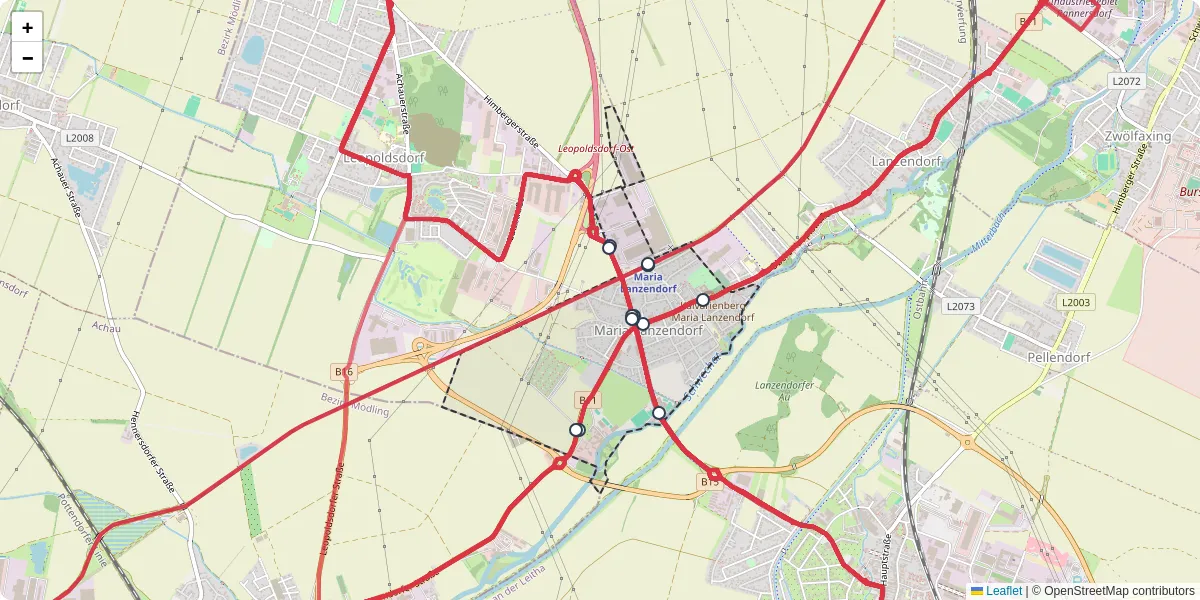 Nahverkehrsnetz in maria-lanzendorf, Österreich - Buslinien, Haltestellen und Verbindungen auf der Karte