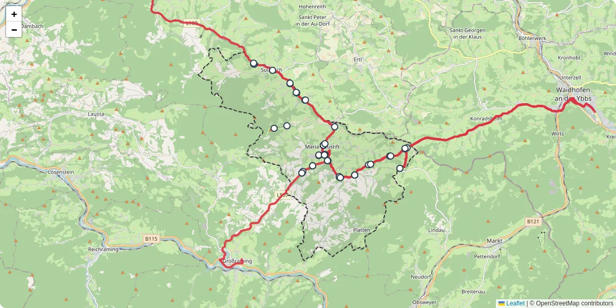 Nahverkehrsnetz in maria-neustift, Österreich - Buslinien, Haltestellen und Verbindungen auf der Karte