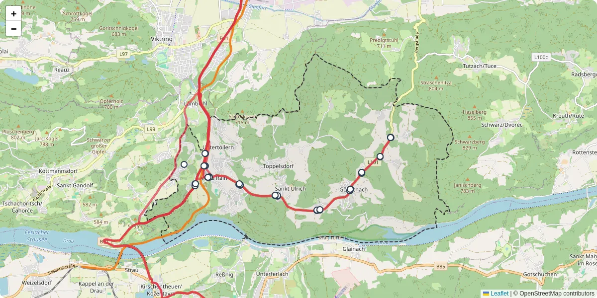 Nahverkehrsnetz in maria-rain, Österreich - Buslinien, Haltestellen und Verbindungen auf der Karte