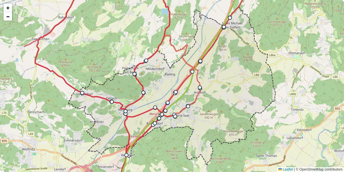 Nahverkehrsnetz in maria-saal, Österreich - Buslinien, Haltestellen und Verbindungen auf der Karte