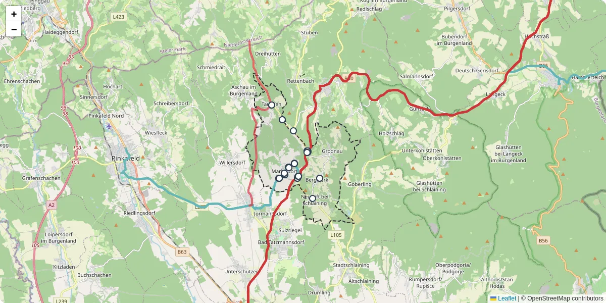 Nahverkehrsnetz in mariasdorf, Österreich - Buslinien, Haltestellen und Verbindungen auf der Karte