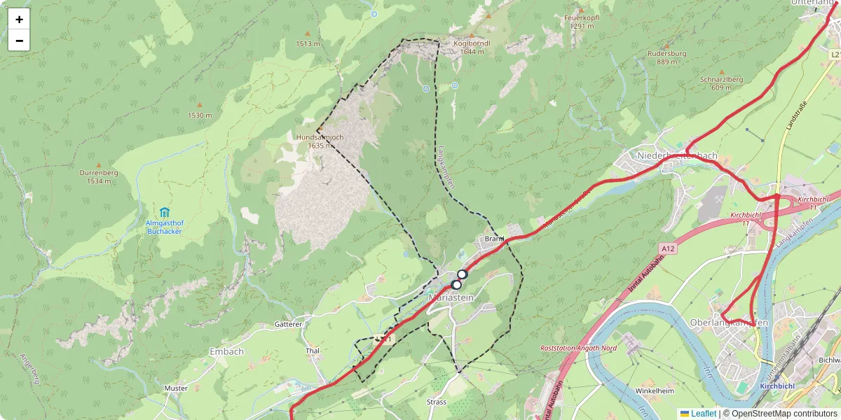 Nahverkehrsnetz in mariastein, Österreich - Buslinien, Haltestellen und Verbindungen auf der Karte