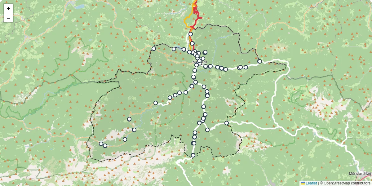 Nahverkehrsnetz in mariazell, Österreich - Buslinien, Haltestellen und Verbindungen auf der Karte