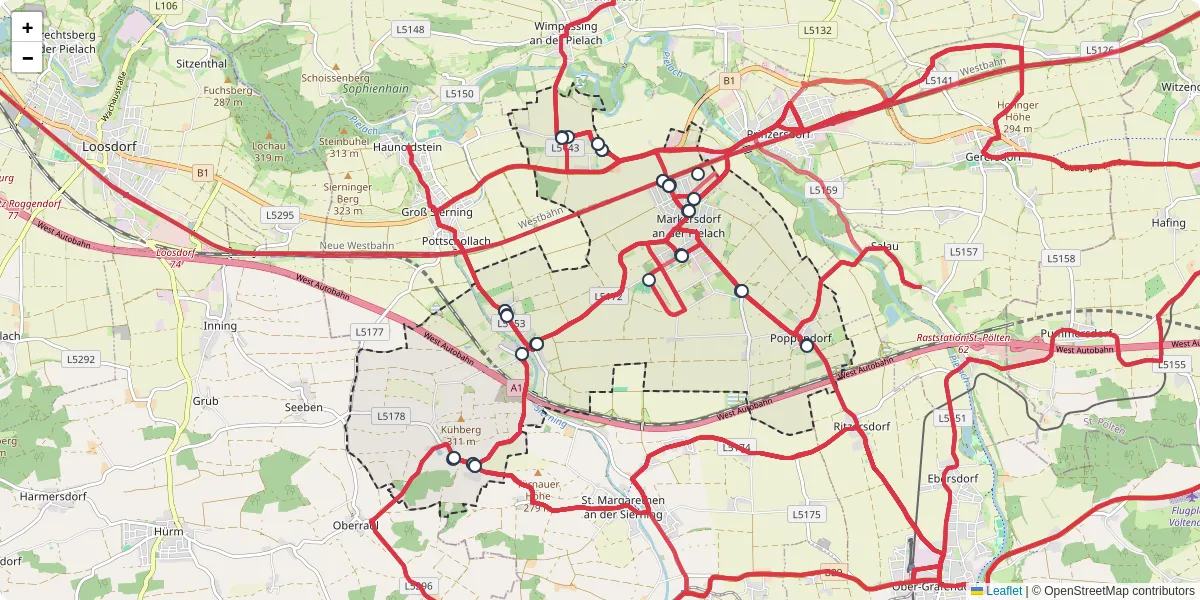 Nahverkehrsnetz in markersdorf-haindorf, Österreich - Buslinien, Haltestellen und Verbindungen auf der Karte