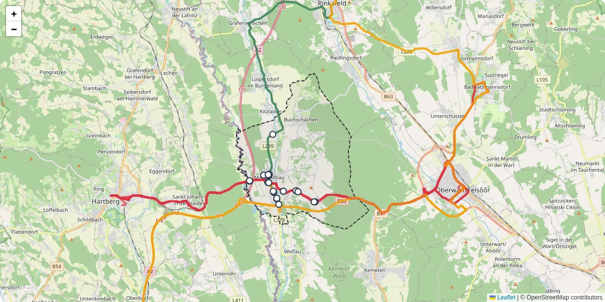Nahverkehrsnetz in markt-allhau, Österreich - Buslinien, Haltestellen und Verbindungen auf der Karte