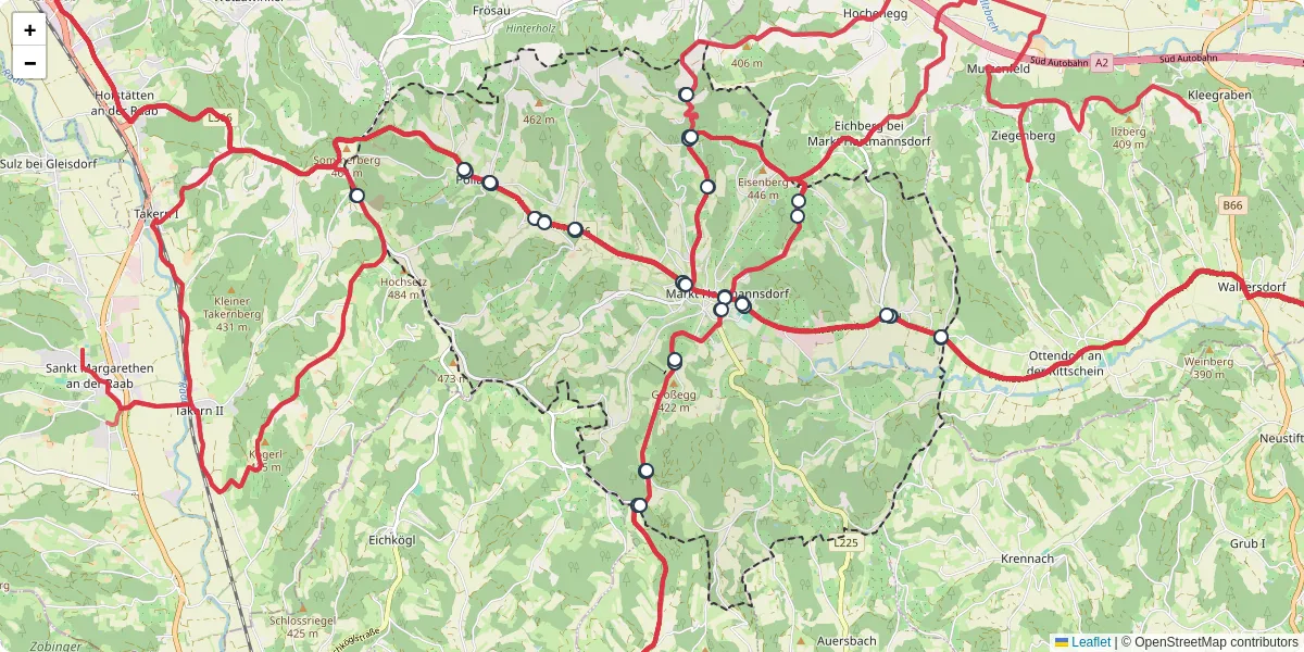 Nahverkehrsnetz in markt-hartmannsdorf, Österreich - Buslinien, Haltestellen und Verbindungen auf der Karte