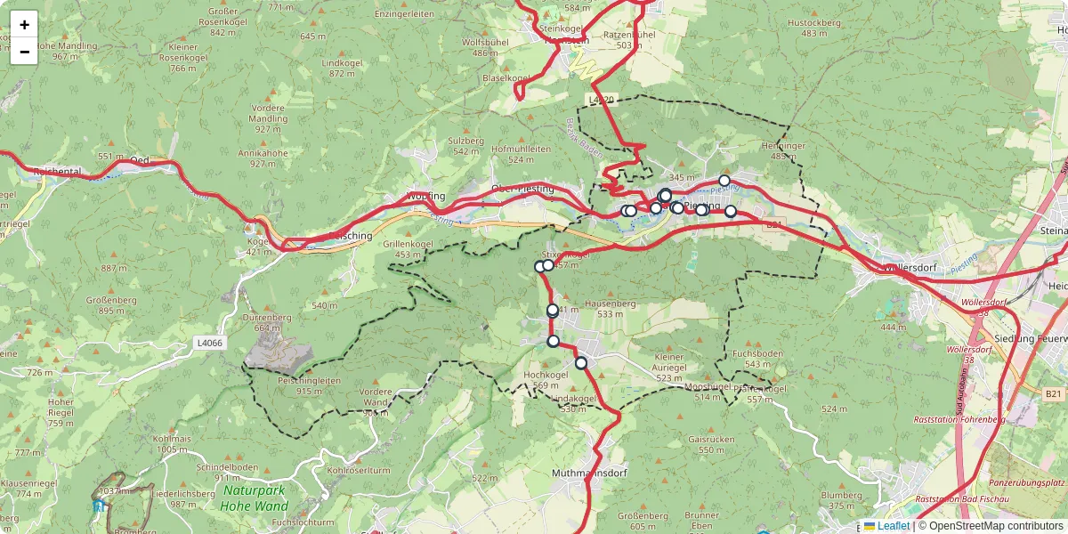 Nahverkehrsnetz in markt-piesting, Österreich - Buslinien, Haltestellen und Verbindungen auf der Karte