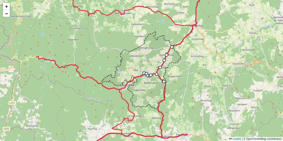 Nahverkehrsnetz in martinsberg, Österreich - Buslinien, Haltestellen und Verbindungen auf der Karte