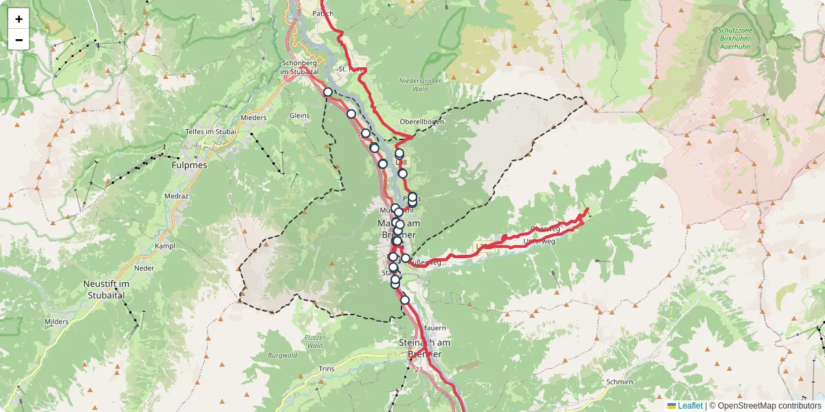 Nahverkehrsnetz in matrei-am-brenner, Österreich - Buslinien, Haltestellen und Verbindungen auf der Karte
