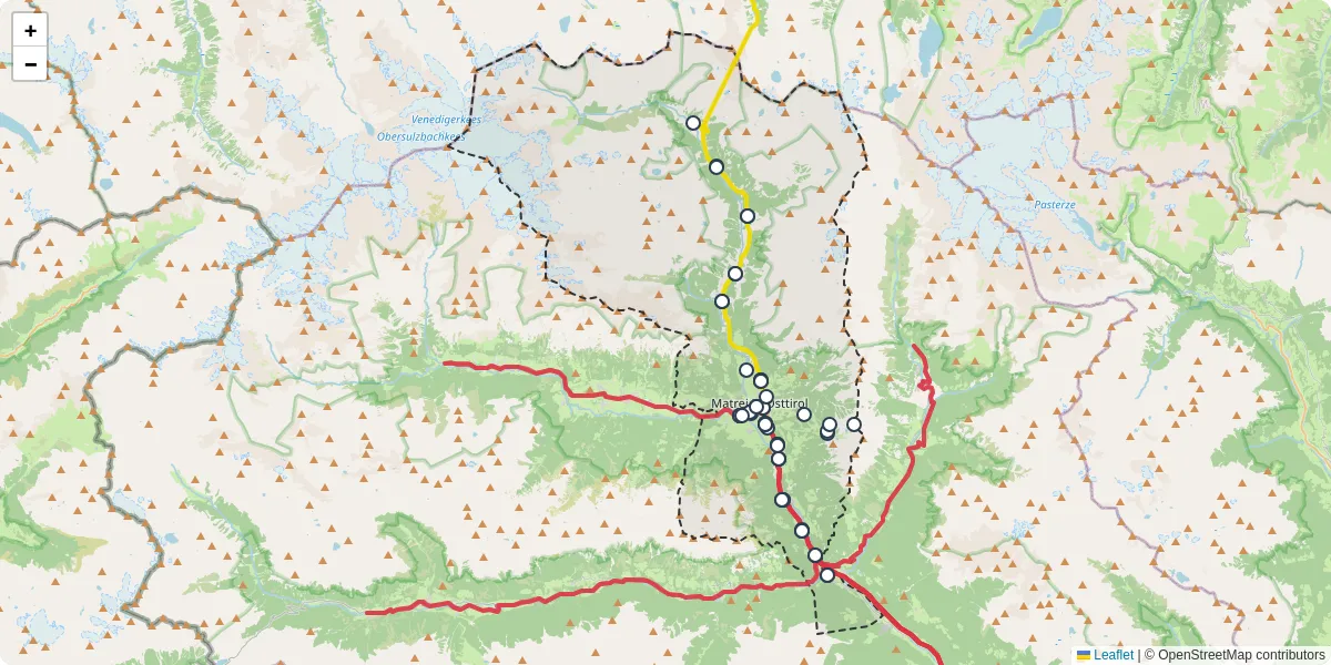 Nahverkehrsnetz in matrei-in-osttirol, Österreich - Buslinien, Haltestellen und Verbindungen auf der Karte