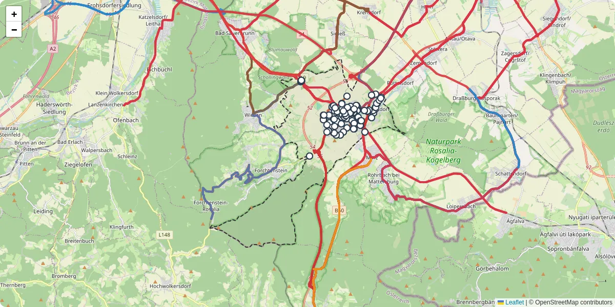 Nahverkehrsnetz in mattersburg, Österreich - Buslinien, Haltestellen und Verbindungen auf der Karte