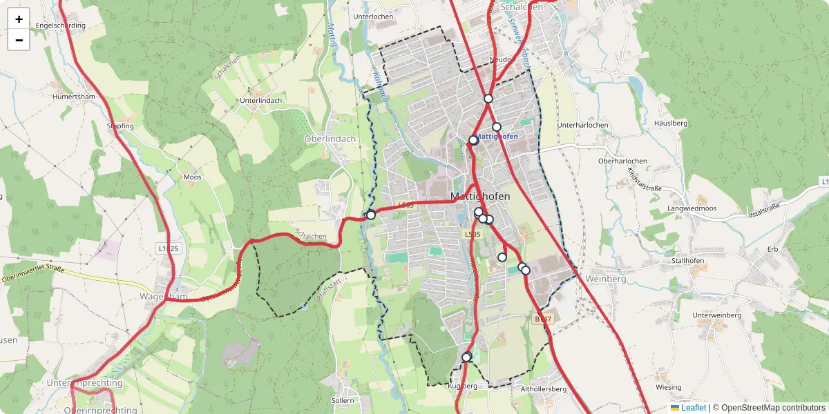 Nahverkehrsnetz in mattighofen, Österreich - Buslinien, Haltestellen und Verbindungen auf der Karte
