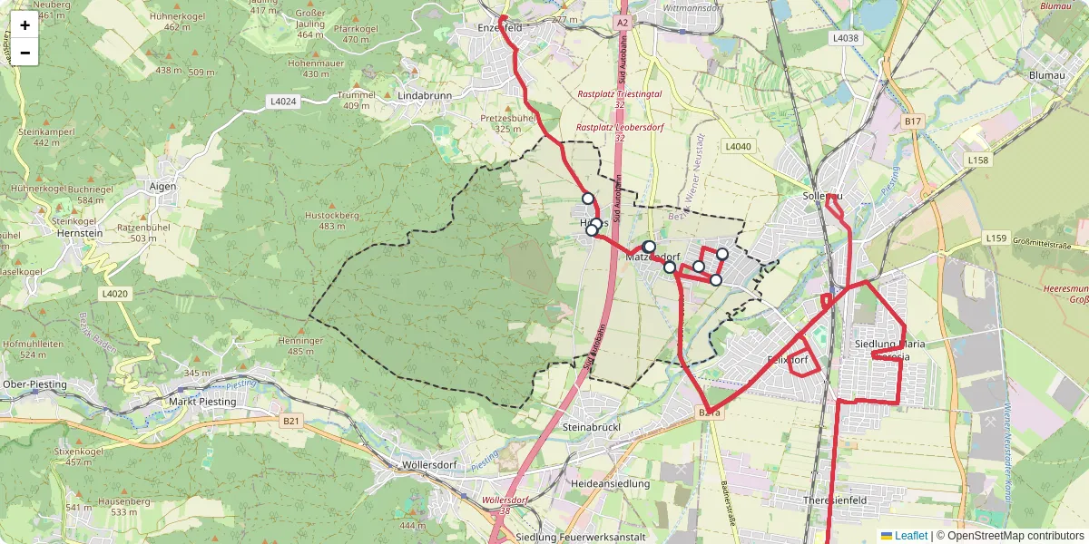 Nahverkehrsnetz in matzendorf-holles, Österreich - Buslinien, Haltestellen und Verbindungen auf der Karte