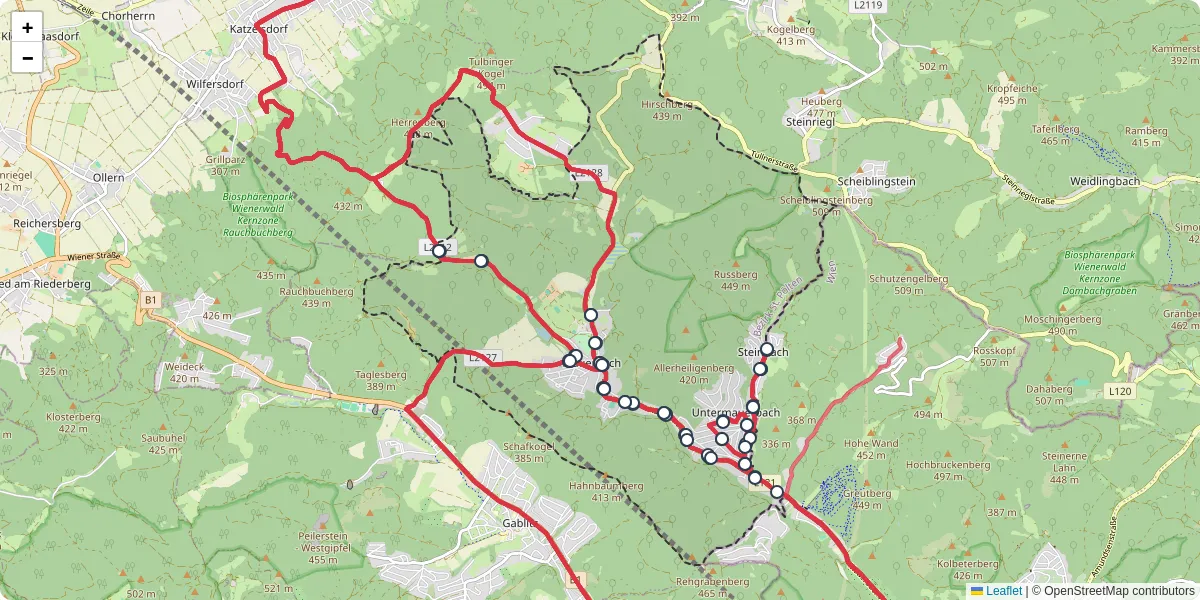 Nahverkehrsnetz in mauerbach, Österreich - Buslinien, Haltestellen und Verbindungen auf der Karte