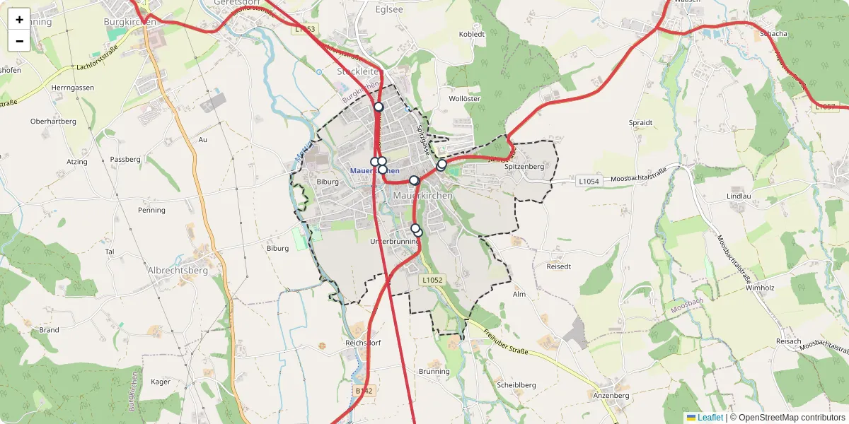 Nahverkehrsnetz in mauerkirchen, Österreich - Buslinien, Haltestellen und Verbindungen auf der Karte