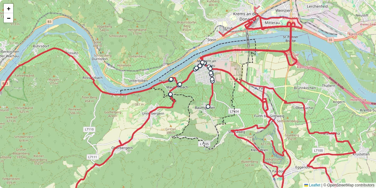 Nahverkehrsnetz in mautern-an-der-donau, Österreich - Buslinien, Haltestellen und Verbindungen auf der Karte